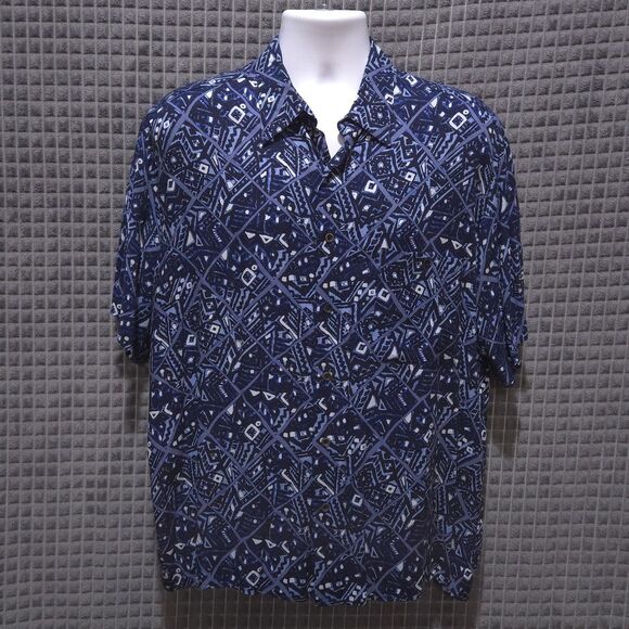 VTG Blue Geometric Hawaiian Shirt Mens Lg SOFT Natural Issue Short Sleeve Button - Picture 1 of 16